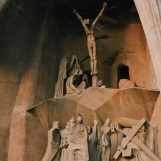 Scene of Christ crucified on the southwest edifice of the Sagrada Familia. Barcelona. Oct. 6, 2018.